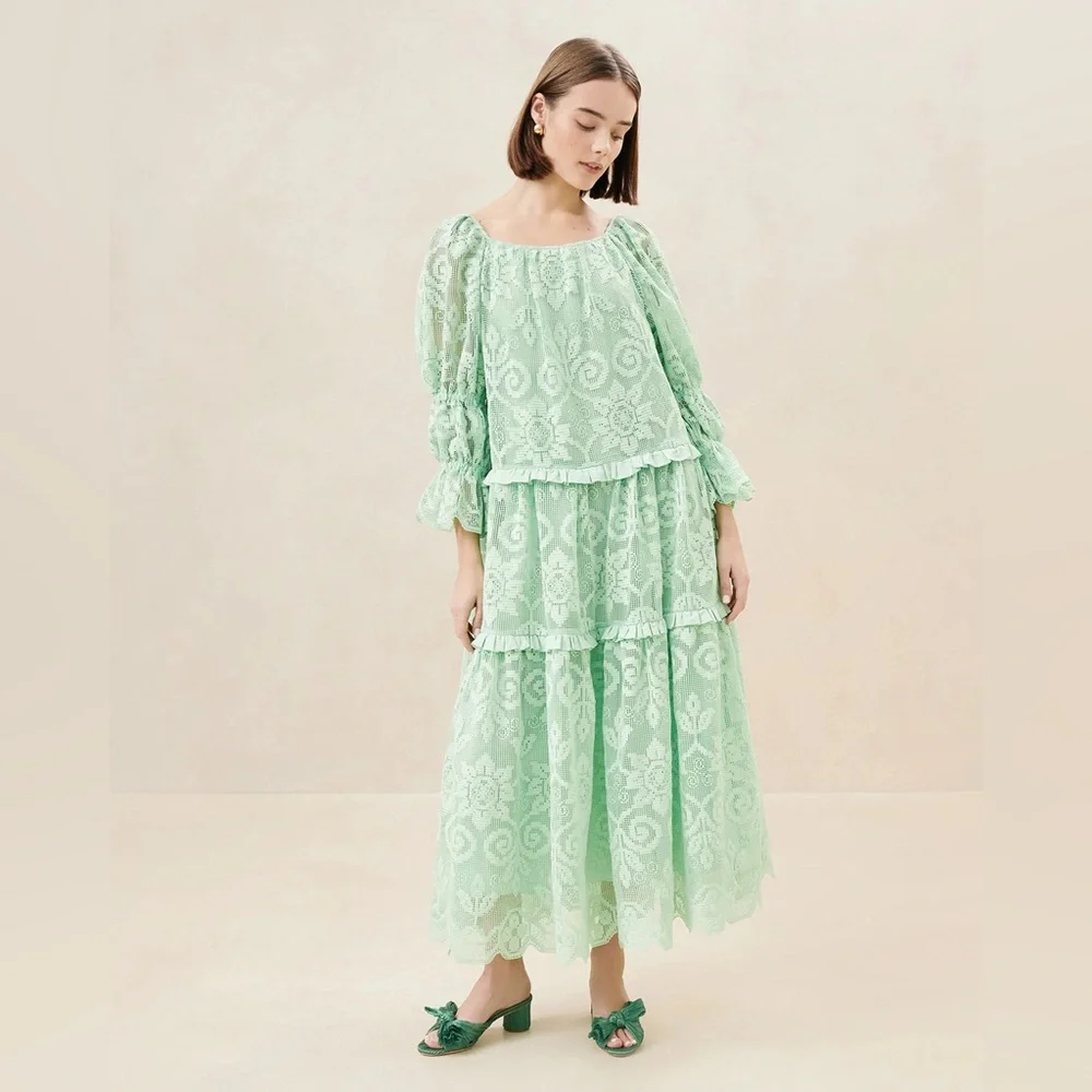 ISO Loeffler Randall Antoinette Sage Tiered Lace Dress - Picture 1 of 3